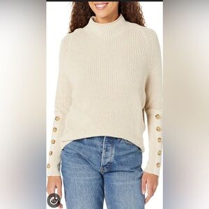 Tribal Ribbed Knit Sweater Small 100% Cotton Beige Button Sleeve Detail